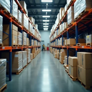 Magazzino industriale con pallet avvolti nel film plastico e scatole di cartone impilate in altezza