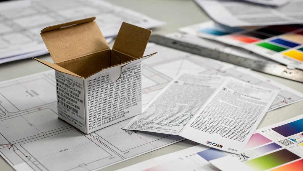 Astuccio cosmetico piccolo aperto su banco di progettazione con leaflet e prove di stampa