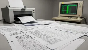Stampe aziendali con caratteri accentati errati e colonne disallineate accanto a una stampante da ufficio