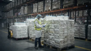 Controllo qualità in un magazzino alimentare con bancali di ingredienti e additivi etichettati